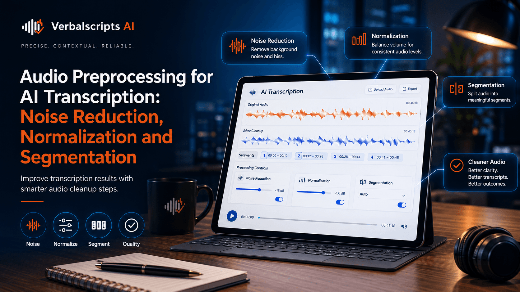 Editorial illustration for audio preprocessing for ai transcription: noise reduction, normalization and segmentation showing a structured Verbalscripts AI speech/language workflow.