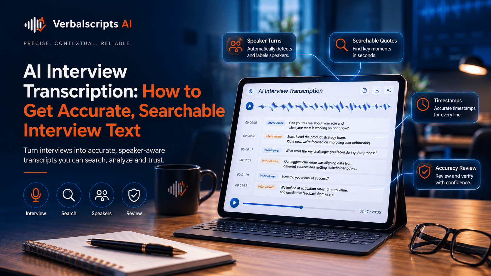 Editorial illustration for ai interview transcription: how to get accurate, searchable interview text showing a structured Verbalscripts AI speech/language workflow.