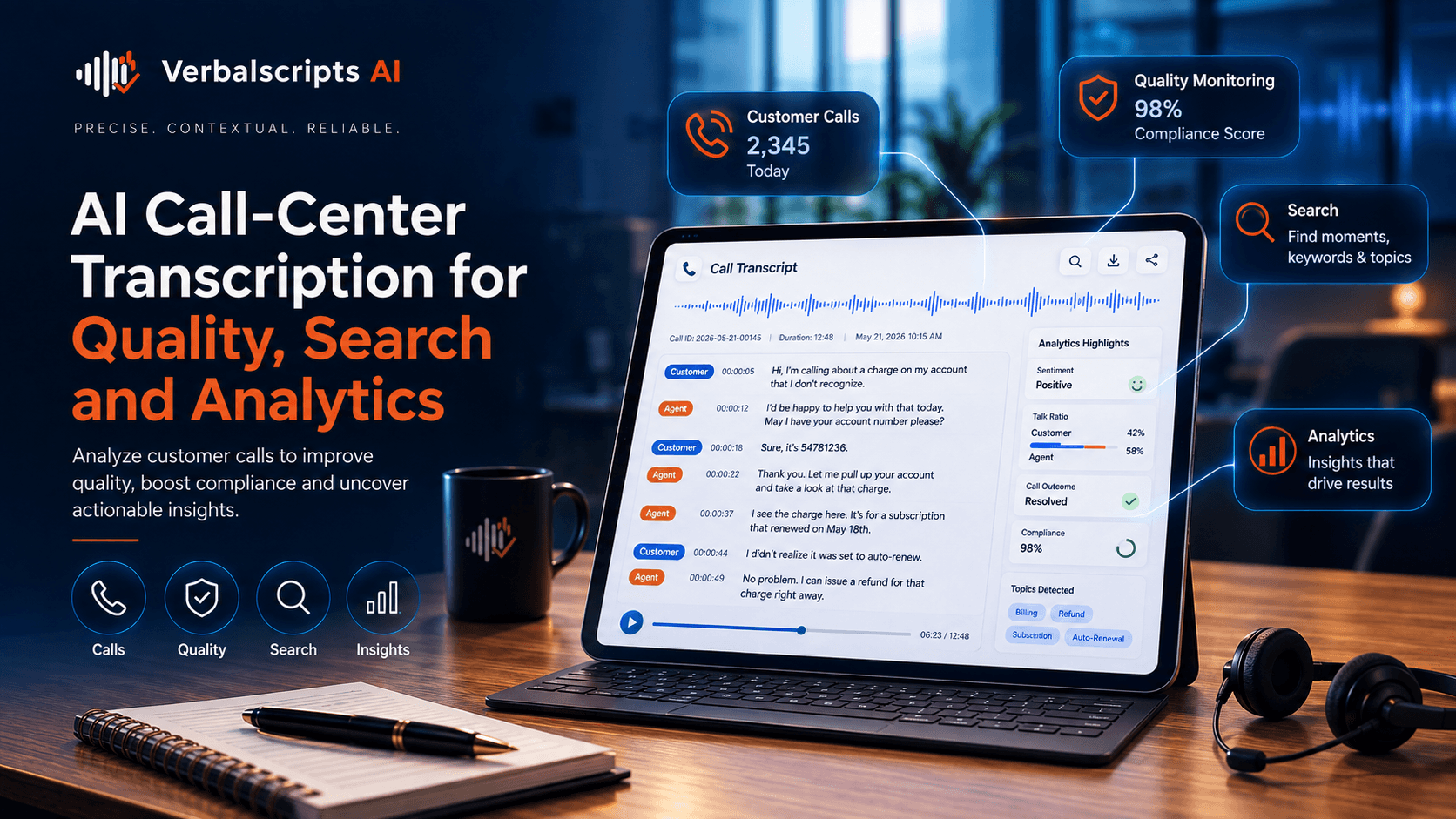 Editorial illustration for ai call-center transcription for quality, search and analytics showing a structured Verbalscripts AI speech/language workflow.
