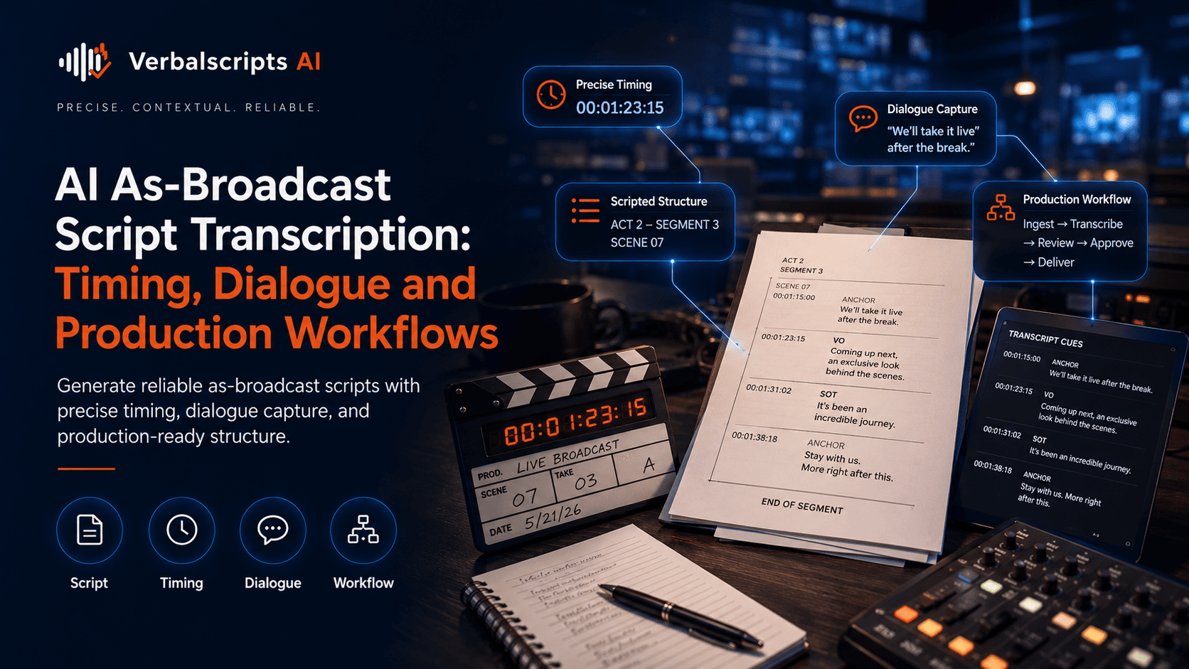 Editorial illustration for ai as-broadcast script transcription: timing, dialogue and production workflows showing a structured Verbalscripts AI speech/language workflow.