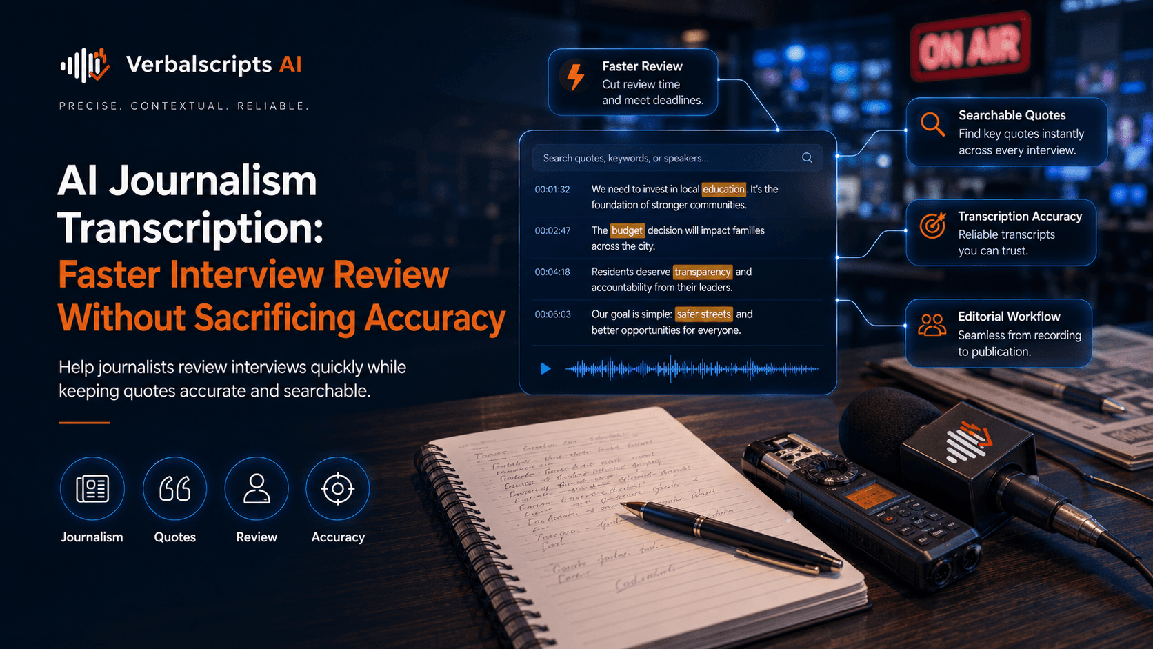 Editorial illustration for ai hr interview transcription: privacy, searchability and review showing a structured Verbalscripts AI speech/language workflow.