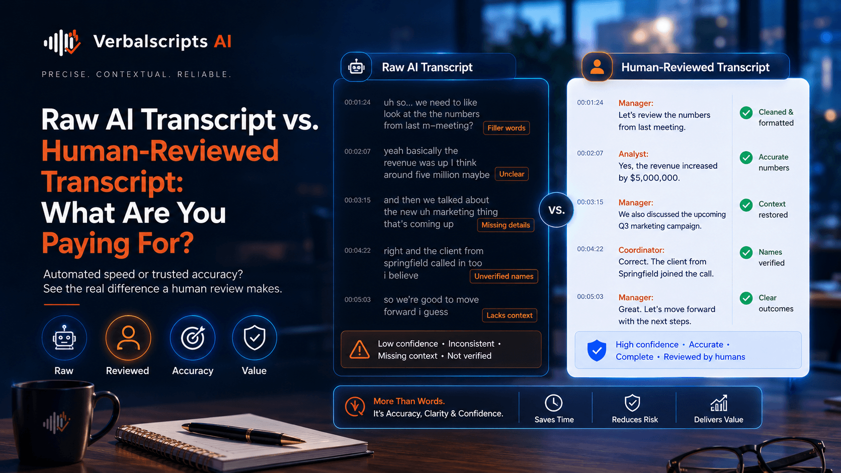 Editorial illustration for raw ai transcript vs. human-reviewed transcript: what are you paying for? showing a structured Verbalscripts AI speech/language workflow.