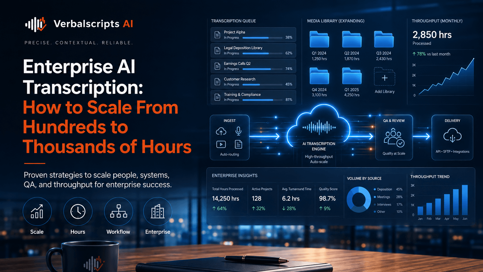 Editorial illustration for enterprise ai transcription: how to scale from hundreds to thousands of hours showing a structured Verbalscripts AI speech/language workflow.