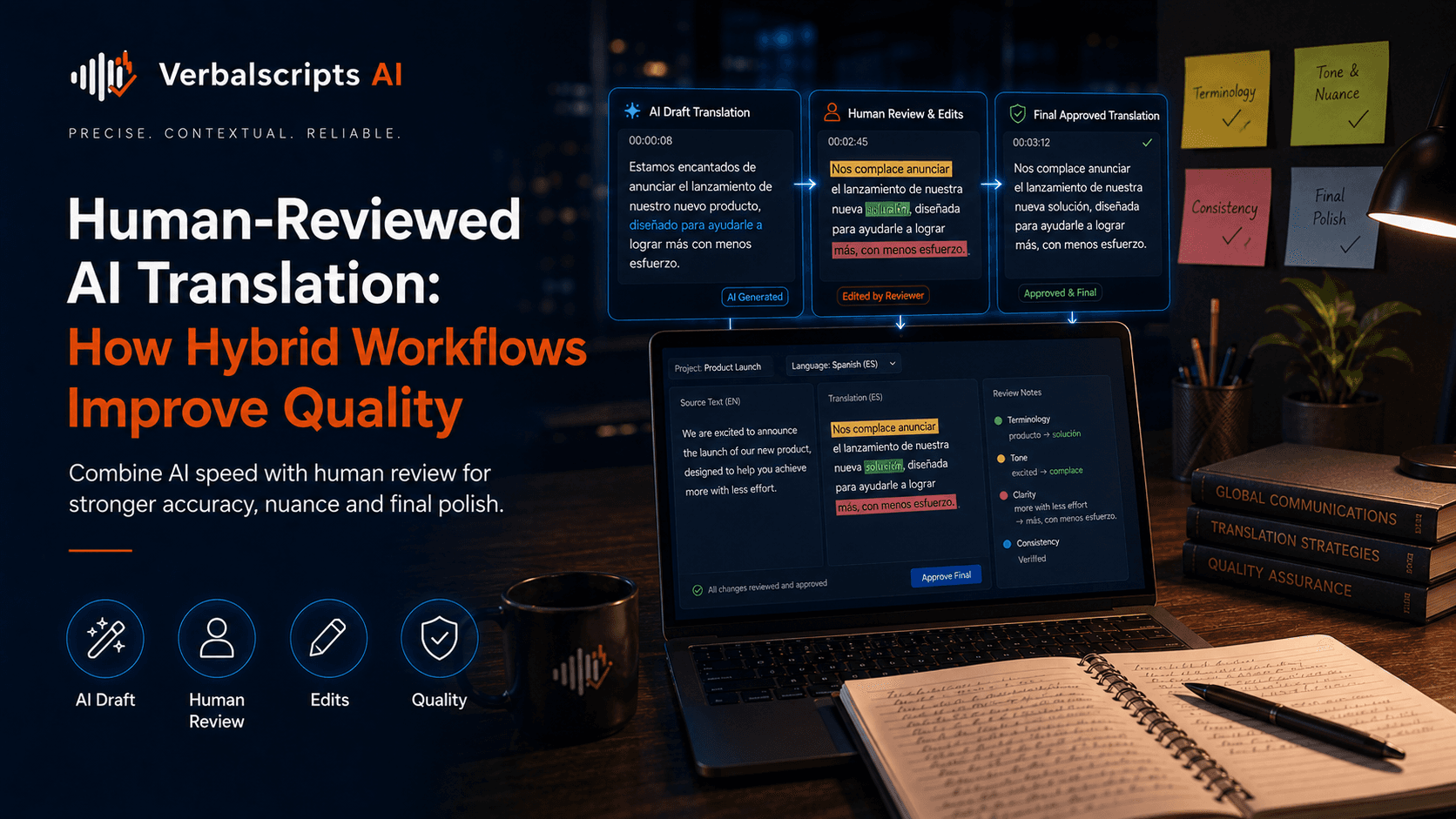 Editorial illustration for human-reviewed ai translation: how hybrid workflows improve quality showing a structured Verbalscripts AI speech/language workflow.