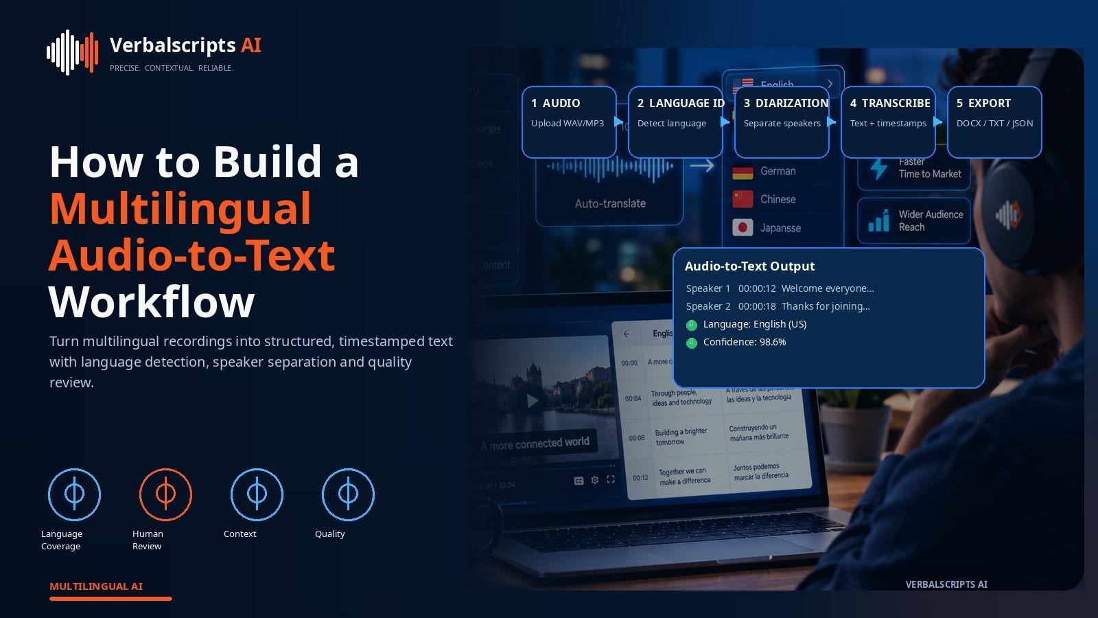 Multilingual audio-to-text pipeline showing audio intake, language detection, diarization, ASR, review and transcript export