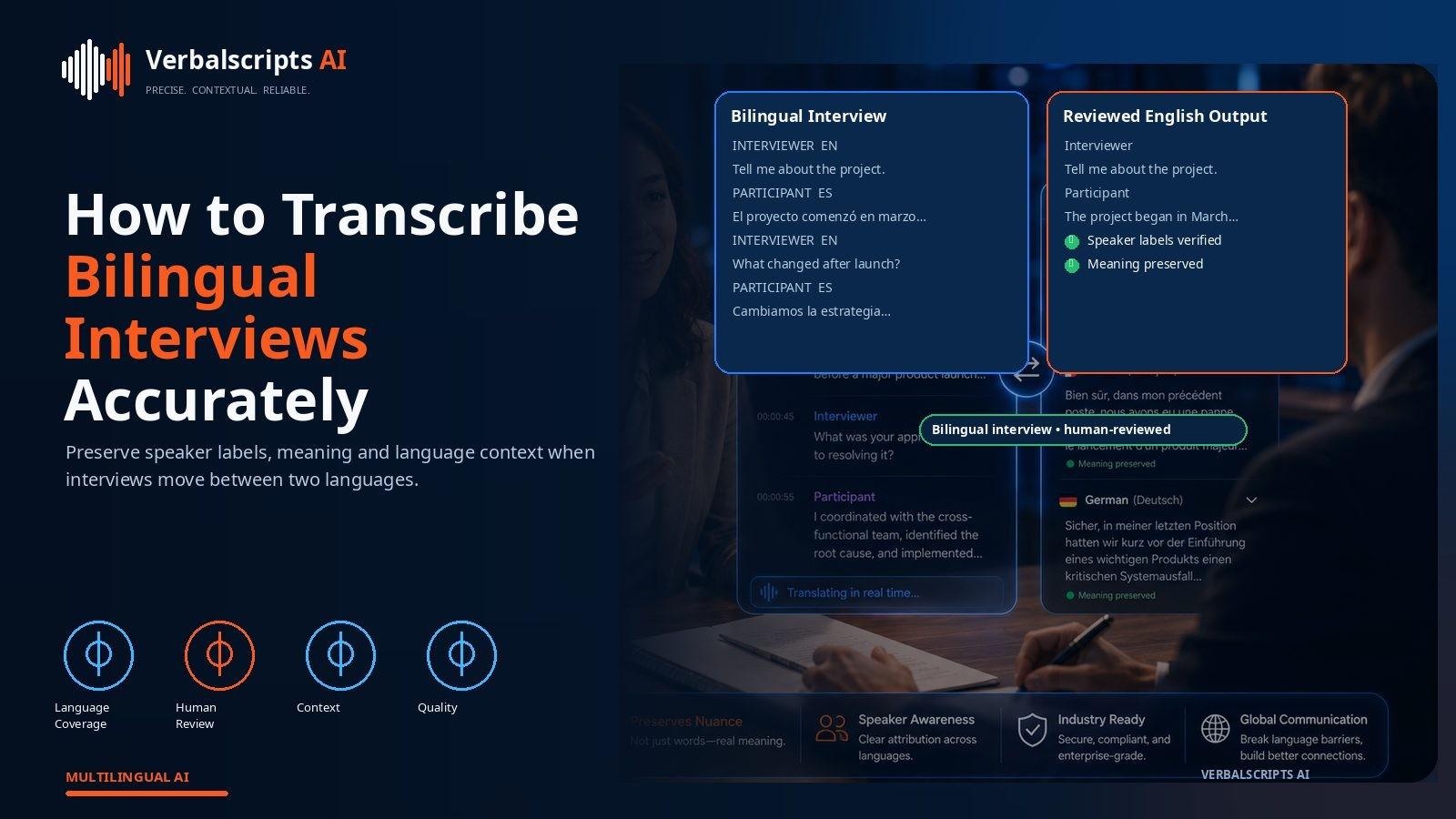 Bilingual interview transcription editor showing interviewer and participant turns with language tags and timestamps