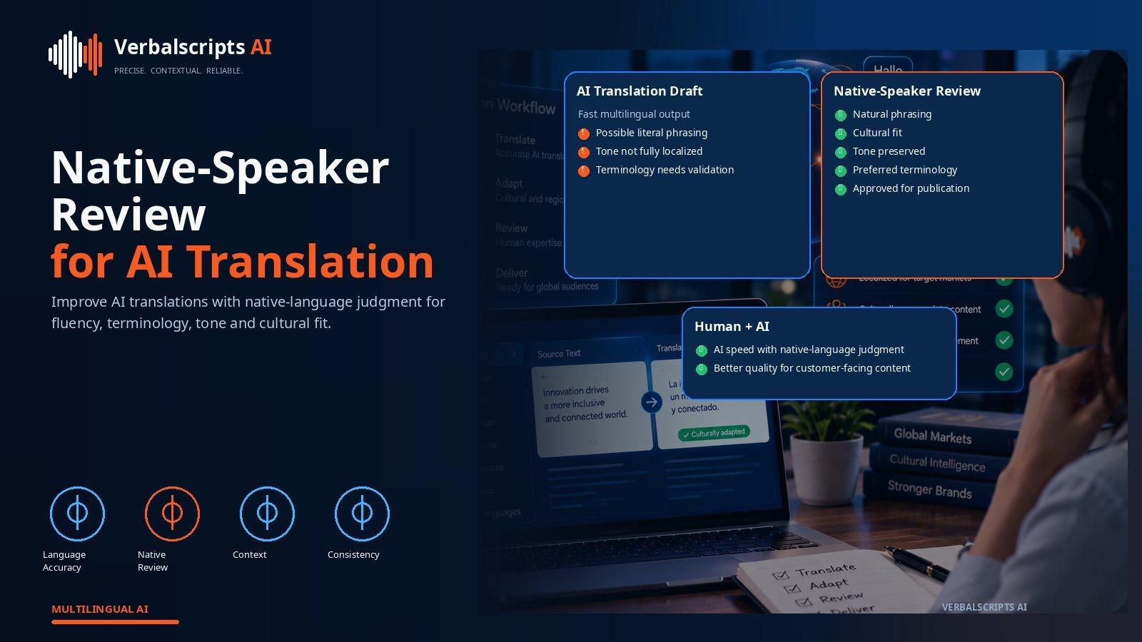 Native-language translation reviewer checking source and target text for accuracy, terminology, tone and locale fit
