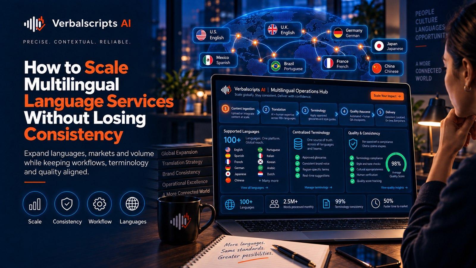 How to Scale Multilingual Language Services Without Losing Consistency - Verbalscripts AI workflow illustration