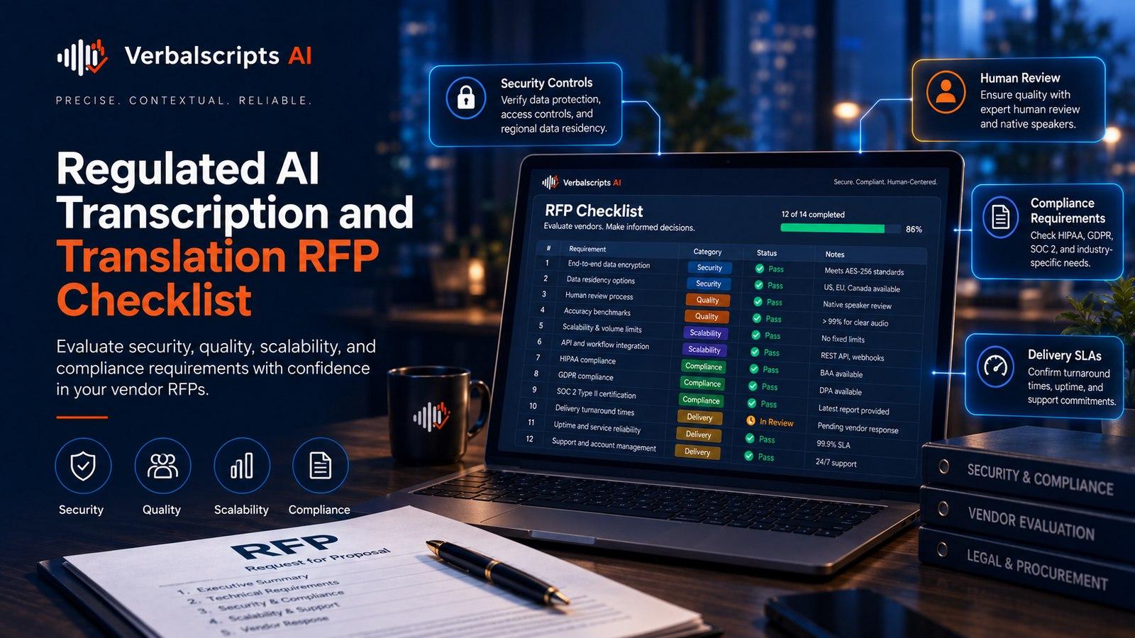 Regulated AI Transcription and Translation RFP Checklist - Verbalscripts AI workflow illustration