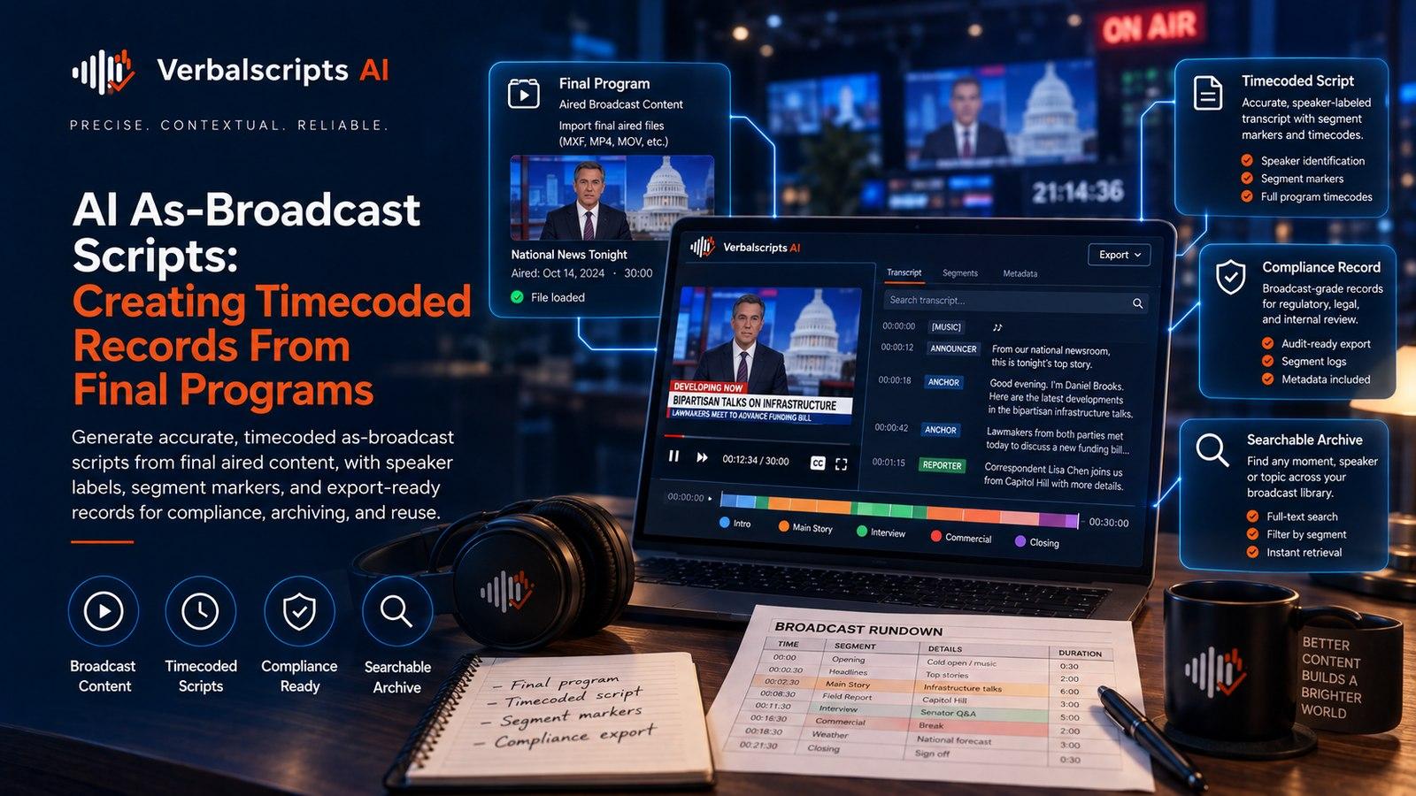 AI As-Broadcast Scripts: Creating Timecoded Records From Final Programs - Verbalscripts AI workflow illustration