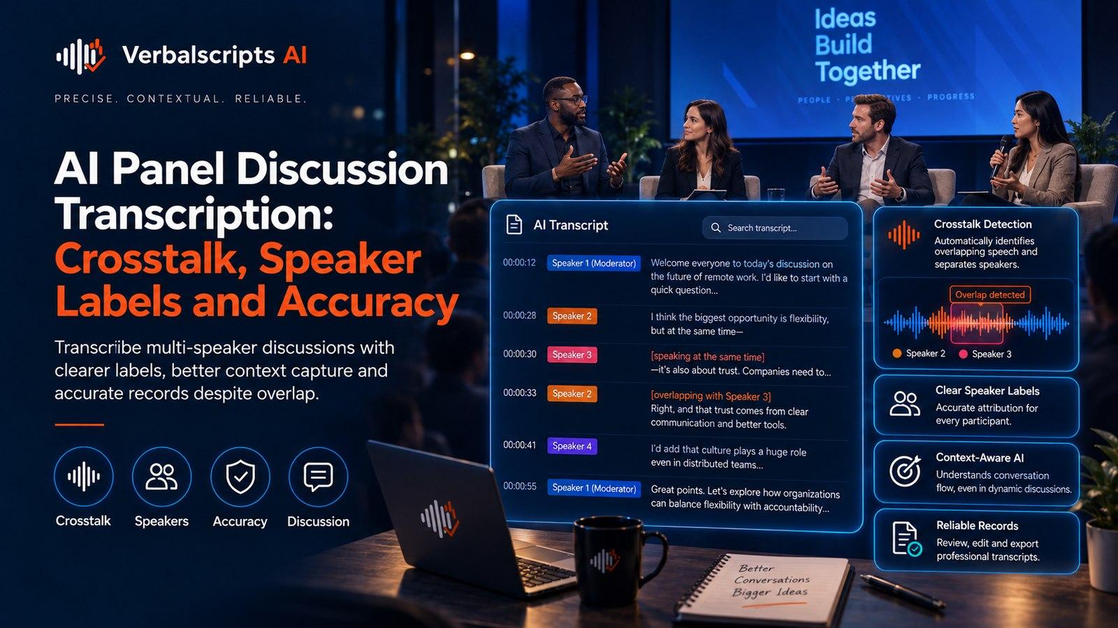 AI Panel Discussion Transcription: Crosstalk, Speaker Labels and Accuracy - Verbalscripts AI workflow illustration