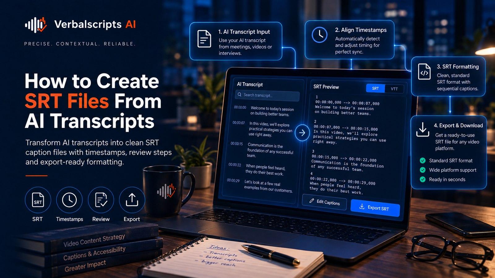 How to Create SRT Files From AI Transcripts - Verbalscripts AI workflow illustration