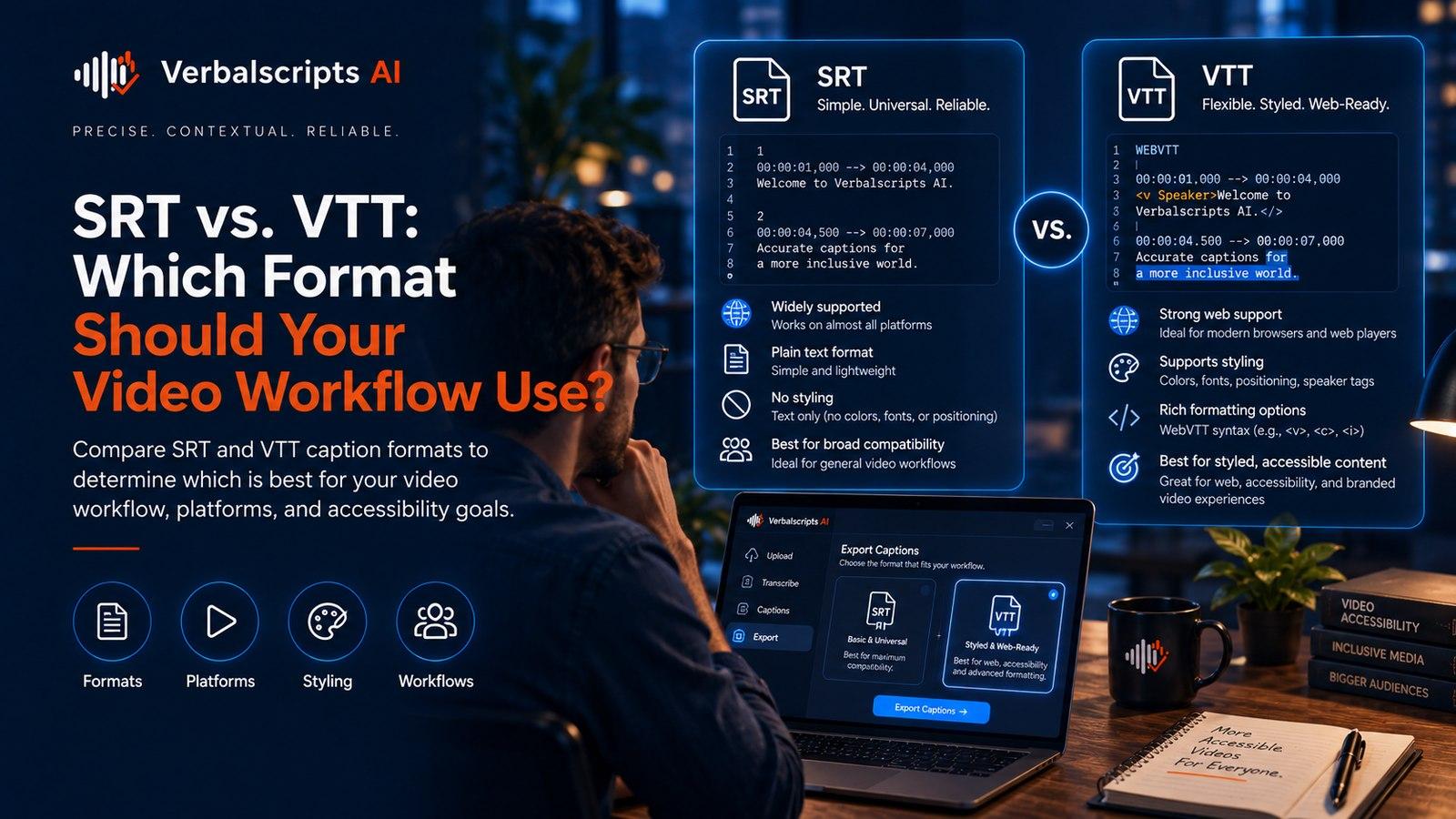 SRT vs. VTT: Which Format Should Your Video Workflow Use? - Verbalscripts AI workflow illustration