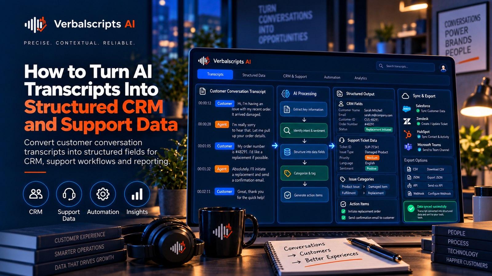 Premium editorial illustration representing how to turn ai transcripts into structured crm and support data with structured language data and quality review