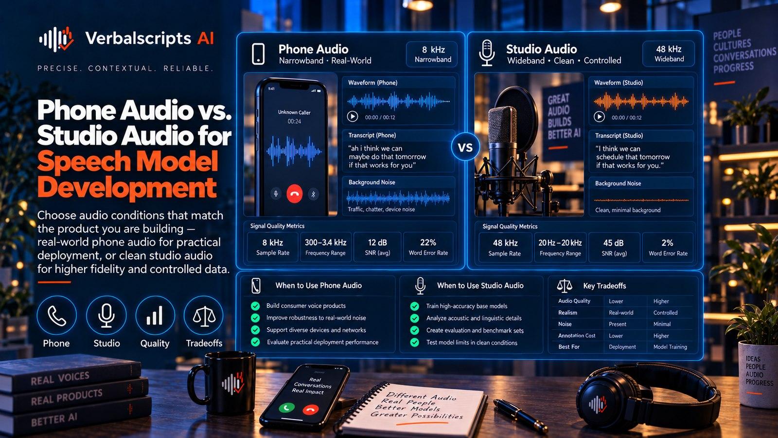 Premium editorial illustration representing phone audio vs. studio audio for speech model development with structured language data and quality review