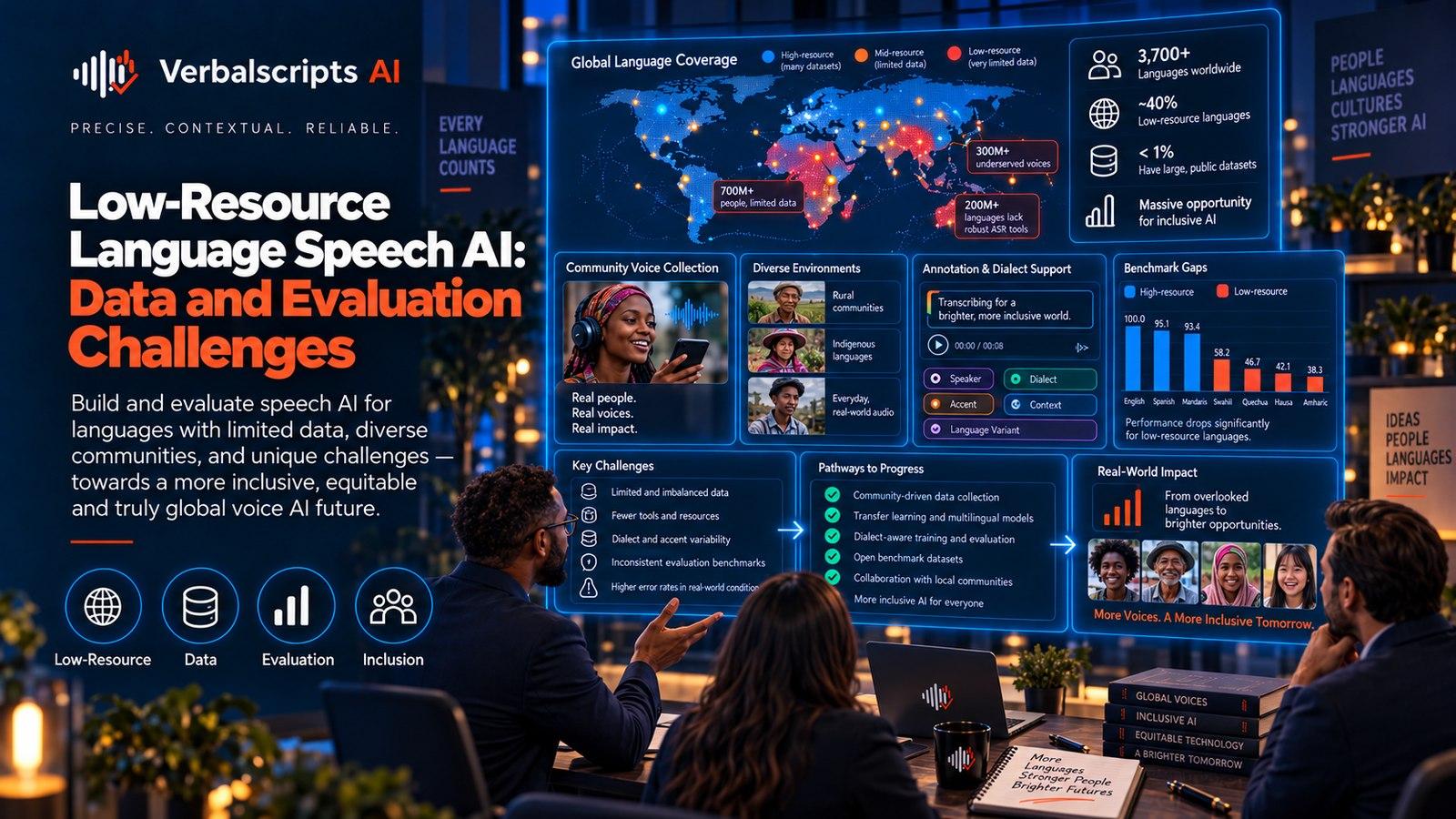 Premium editorial illustration representing low-resource language speech ai with structured language data and quality review