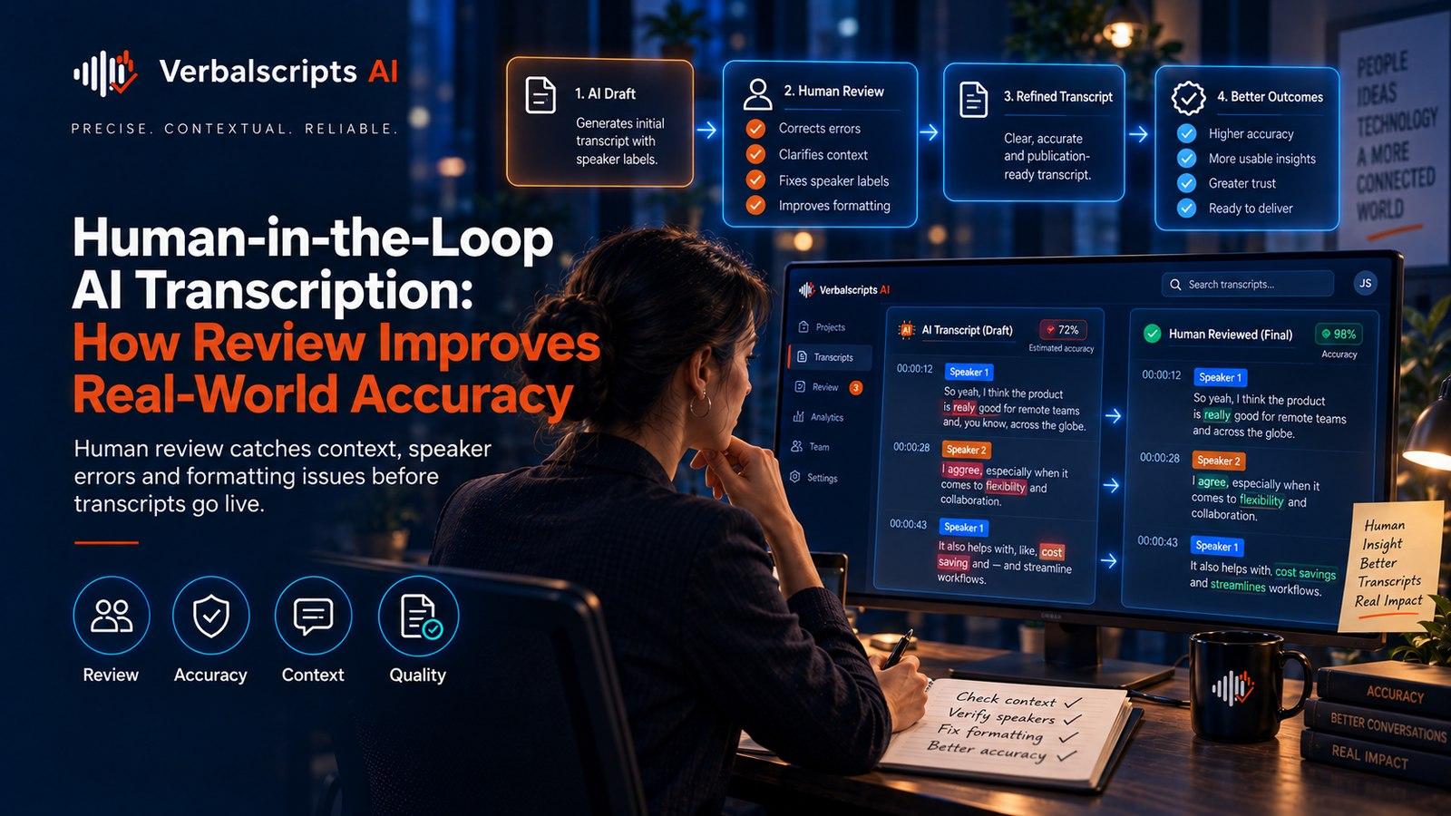 Premium editorial illustration representing human-in-the-loop ai transcription with structured language data and quality review