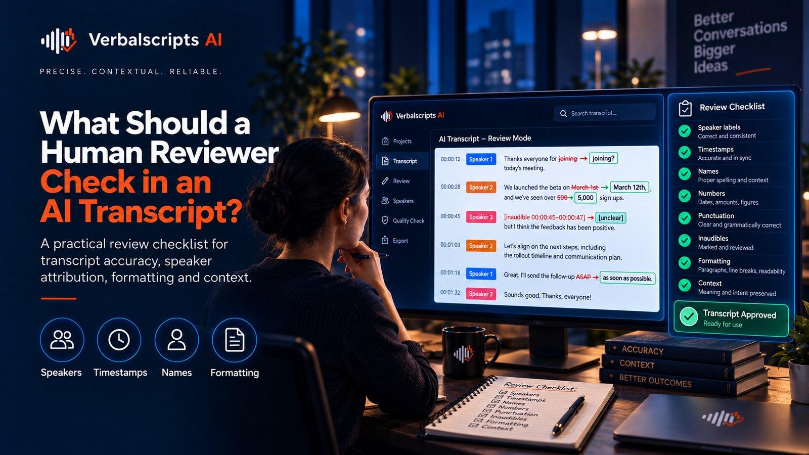 Premium editorial illustration representing ai transcript human review with structured language data and quality review