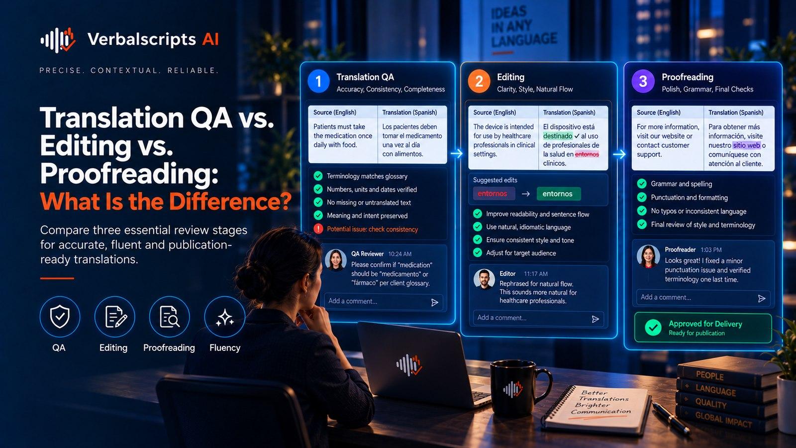 Premium editorial illustration representing translation qa vs. editing vs. proofreading with structured language data and quality review