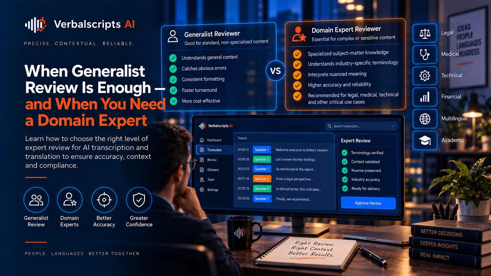 Premium editorial illustration representing legal expert review for ai transcription and translation with structured language data and quality review