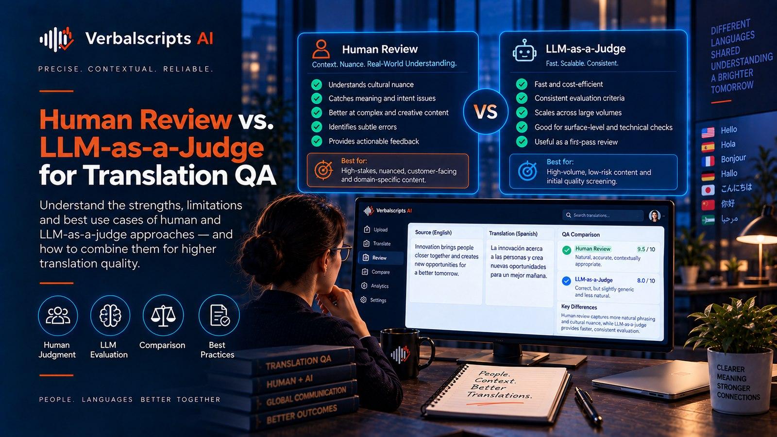 Premium editorial illustration representing human review vs. llm-as-a-judge for translation qa with structured language data and quality review