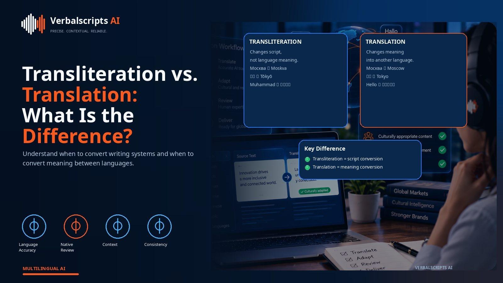 Comparison graphic showing semantic translation versus script transliteration of the same word across writing systems