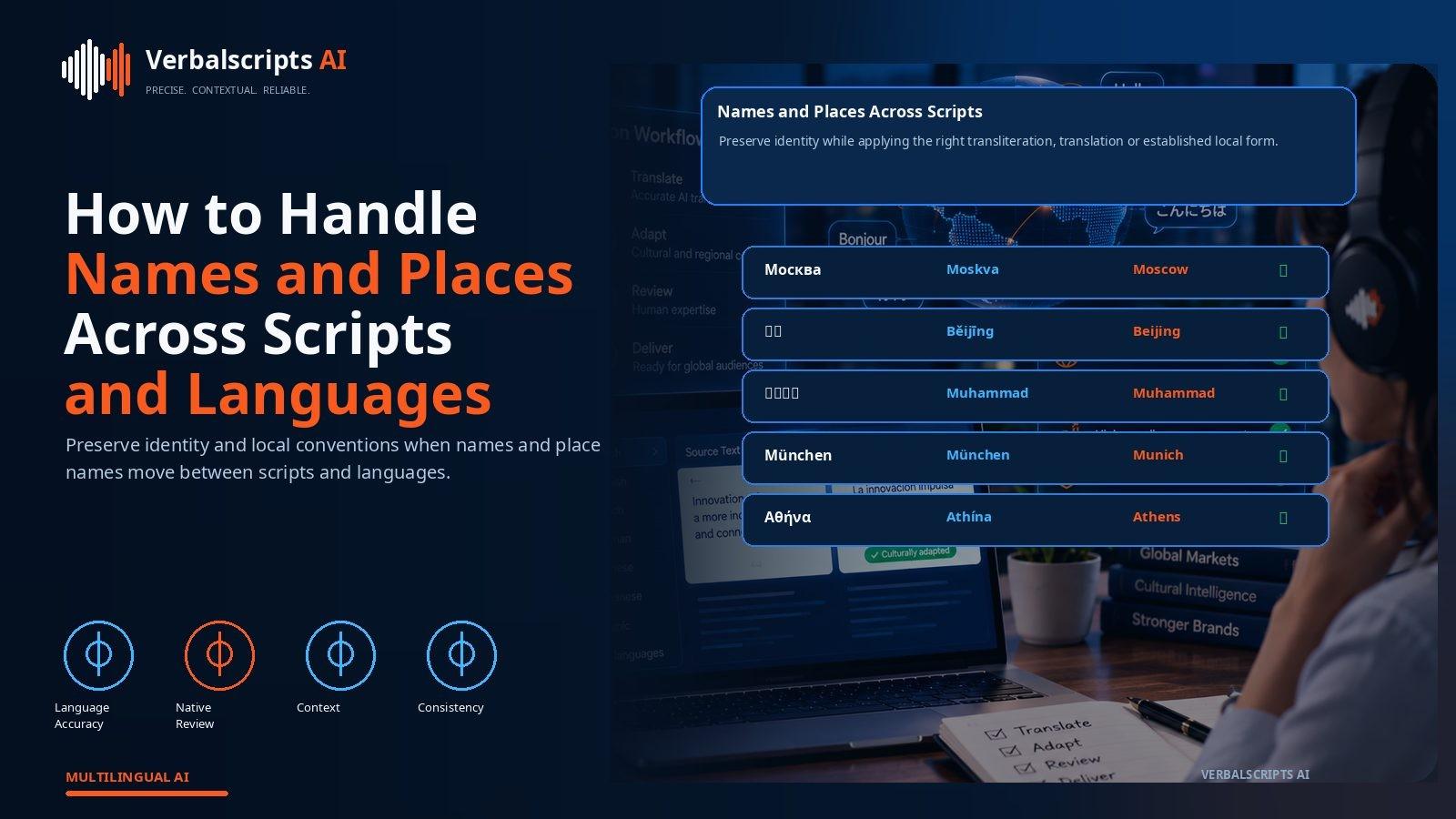 Multilingual entity management interface showing personal and geographic names in native script, romanization and approved localized forms