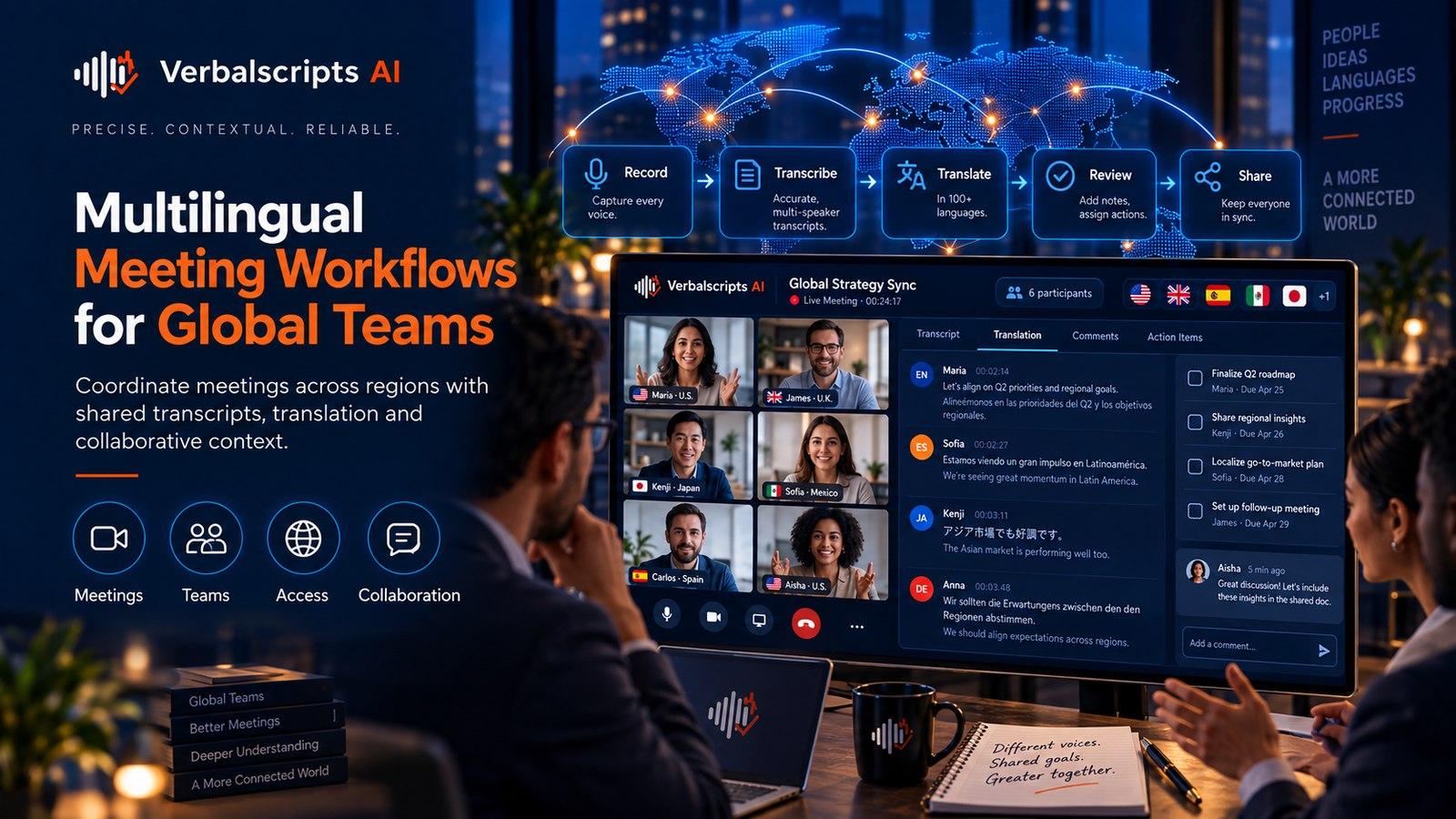 Multilingual Meeting Workflows for Global Teams - Verbalscripts AI workflow illustration