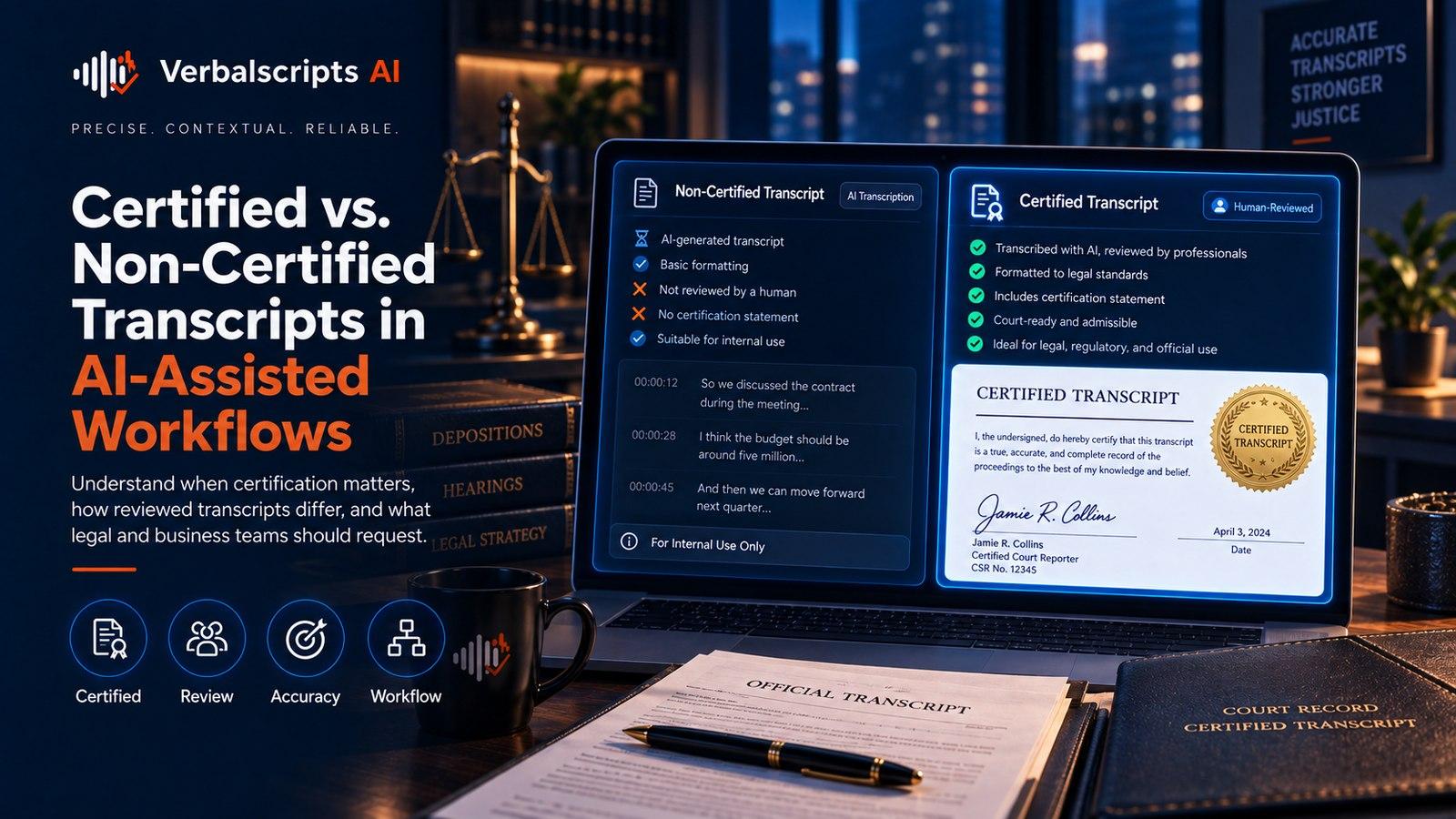 Court-Ready Transcript Formatting After AI Transcription - Verbalscripts AI workflow illustration