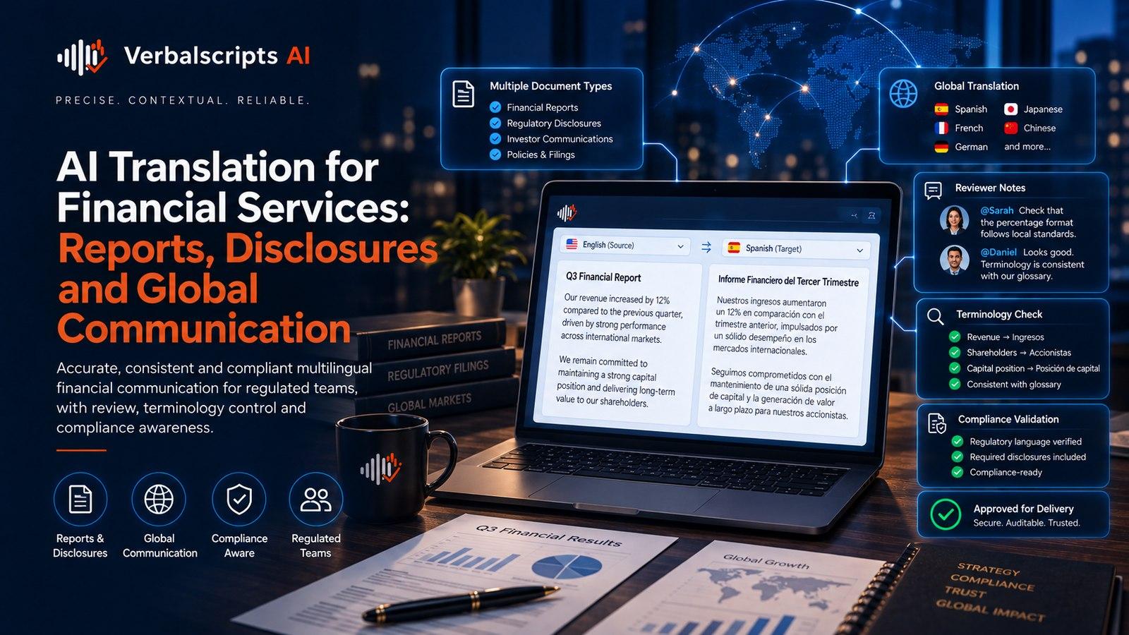 AI Translation for Financial Services: Reports, Disclosures and Global Communication - Verbalscripts AI workflow illustration