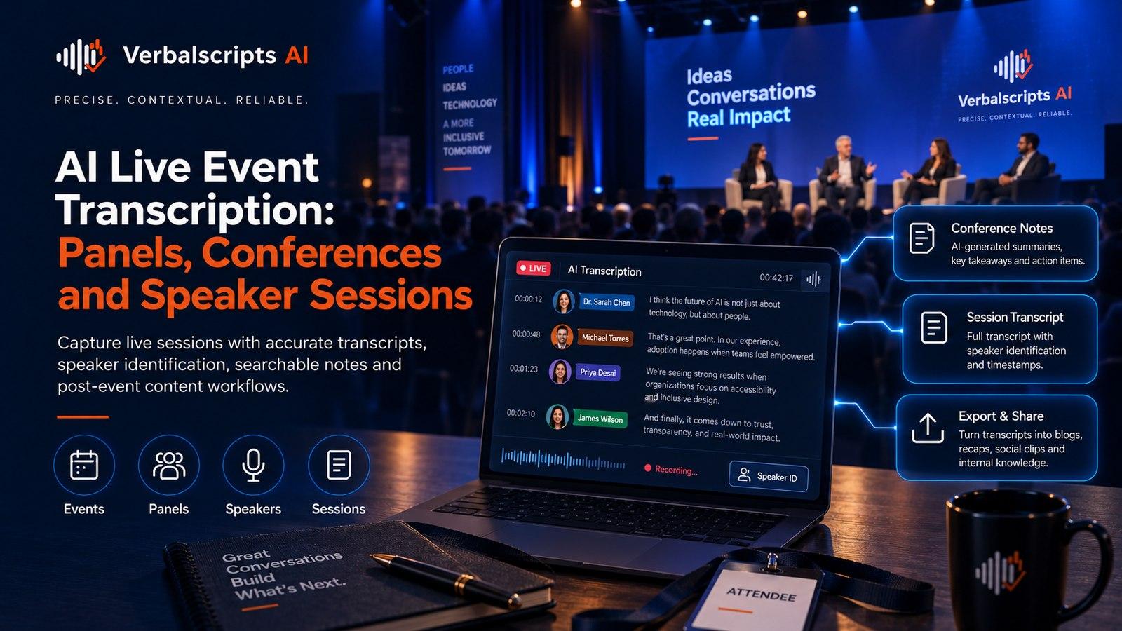 AI Live Event Transcription: Panels, Conferences and Speaker Sessions - Verbalscripts AI workflow illustration