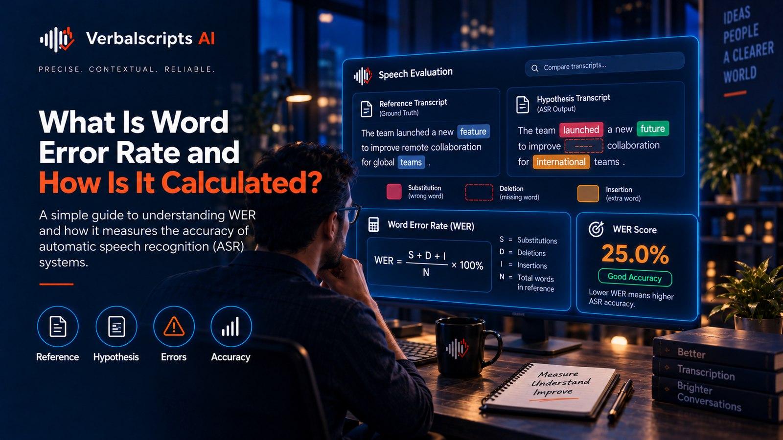Premium editorial illustration representing word error rate with structured language data and quality review