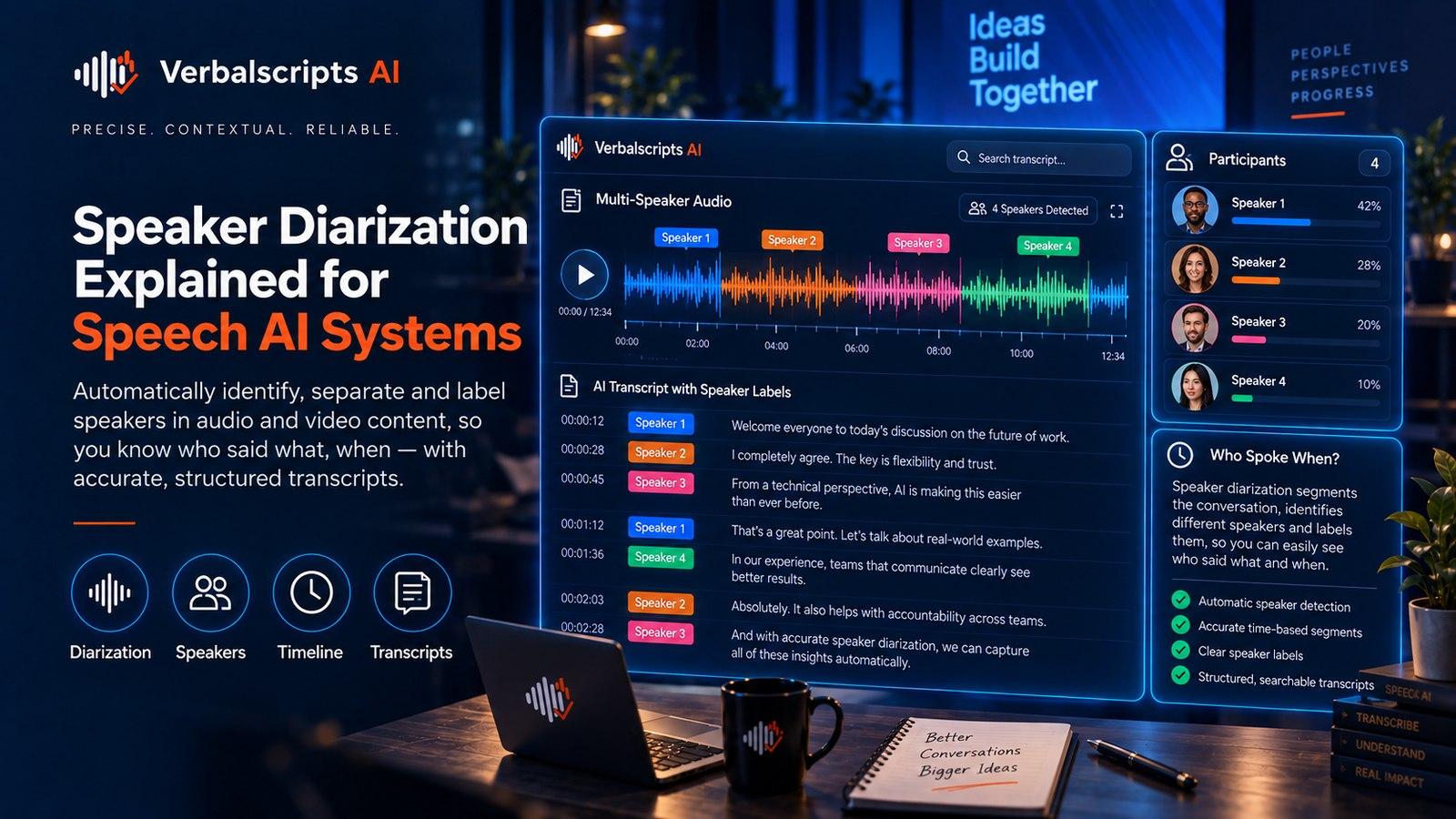 Premium editorial illustration representing speaker diarization explained for speech ai systems with structured language data and quality review