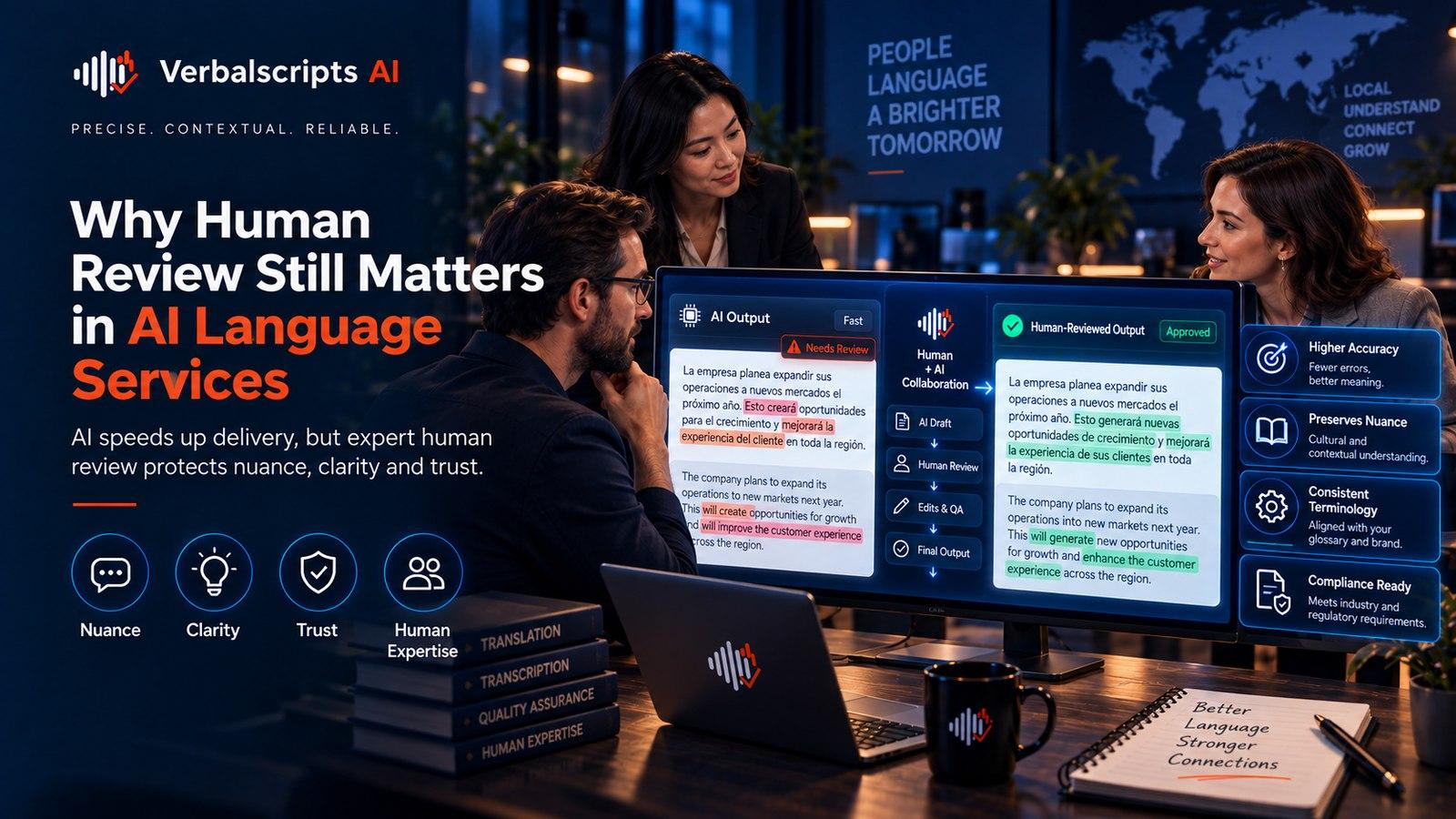 Premium editorial illustration representing human review still matters in ai language services with structured language data and quality review