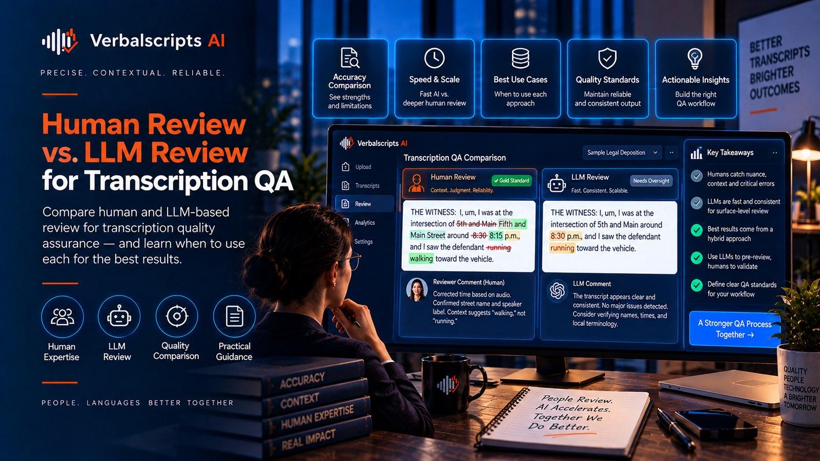 Premium editorial illustration representing human review vs. llm review for transcription qa with structured language data and quality review