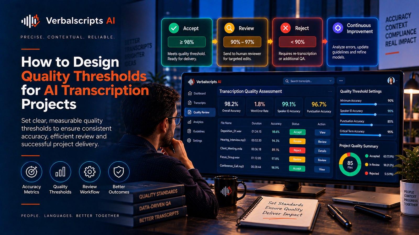 Premium editorial illustration representing how to design quality thresholds for ai transcription projects with structured language data and quality review
