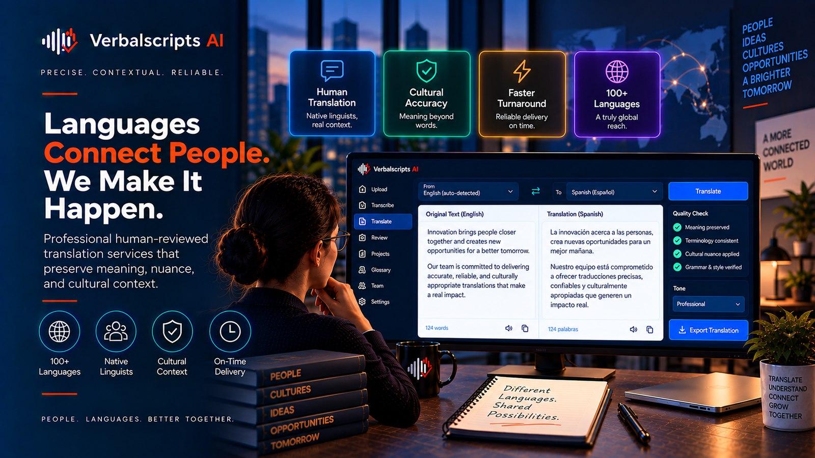 Premium editorial illustration representing how to build an audio-to-translation pipeline with apis with structured language data and quality review